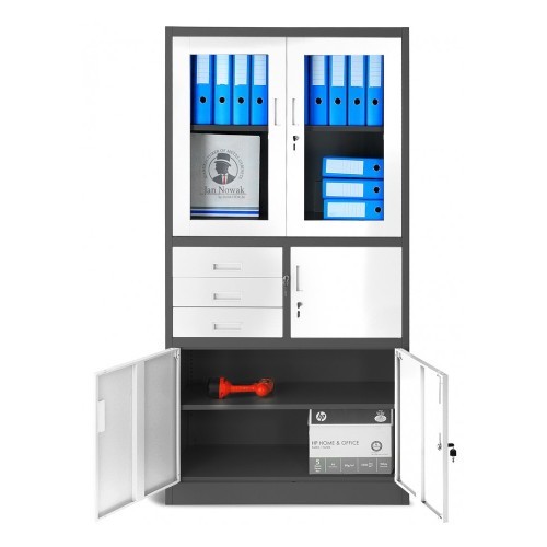 JAN NOWAK - Kovová policová skříň s trezorem  PILIP  - antracit / bílá - rozměr 185x90 cm 