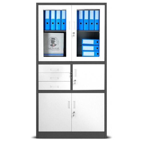 JAN NOWAK - Kovová policová skříň s trezorem  PILIP  - antracit / bílá - rozměr 185x90 cm 