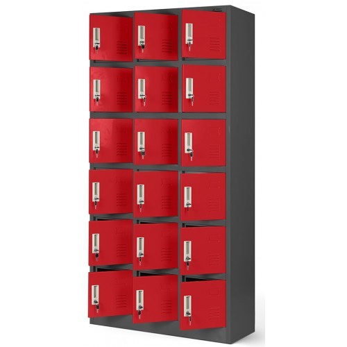 JAN NOWAK - Kovová skříň s úložnými boxy KAREL BHP 18 dveří  -antracit/červená - rozměr 185x90 cm 