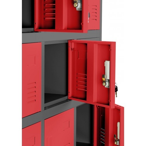 JAN NOWAK - Kovová skříň s úložnými boxy KAREL BHP 18 dveří  -antracit/červená - rozměr 185x90 cm 