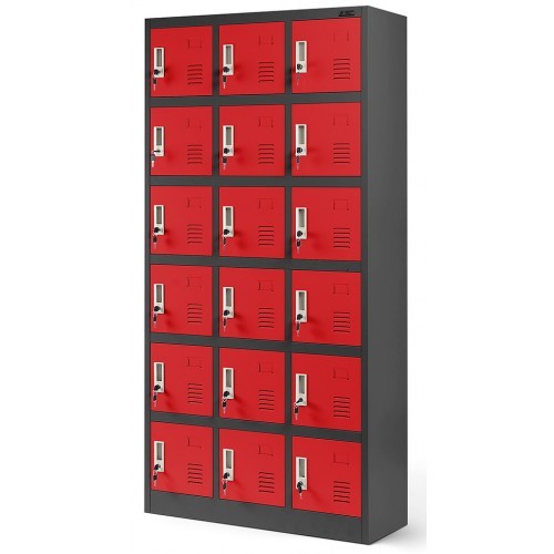 JAN NOWAK - Kovová skříň s úložnými boxy KAREL BHP 18 dveří  -antracit/červená - rozměr 185x90 cm 