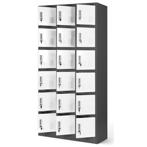 JAN NOWAK - Kovová skříň s úložnými boxy KAREL BHP 18 dveří  -antracit/bílá - rozměr 185x90 cm 