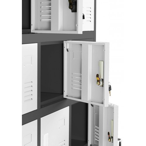 JAN NOWAK - Kovová skříň s úložnými boxy KAREL BHP 18 dveří  -antracit/bílá - rozměr 185x90 cm 