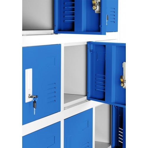 JAN NOWAK - Kovová skříň s úložnými boxy KAREL BHP 18 dveří  -šedá/modrá - rozměr 185x90 cm 