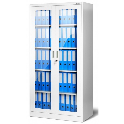 JAN NOWAK - Kovová policová skříň se zámkem prosklená  AMELIE - bílá- rozměr 185x90 cm 