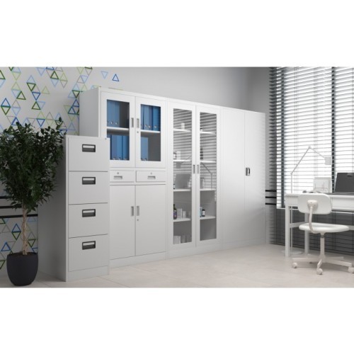 JAN NOWAK - Kovová policová skříň se zámkem prosklená  AMELIE - bílá- rozměr 185x90 cm 