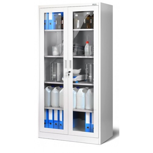 JAN NOWAK - Kovová policová skříň se zámkem prosklená  AMELIE - bílá- rozměr 185x90 cm 