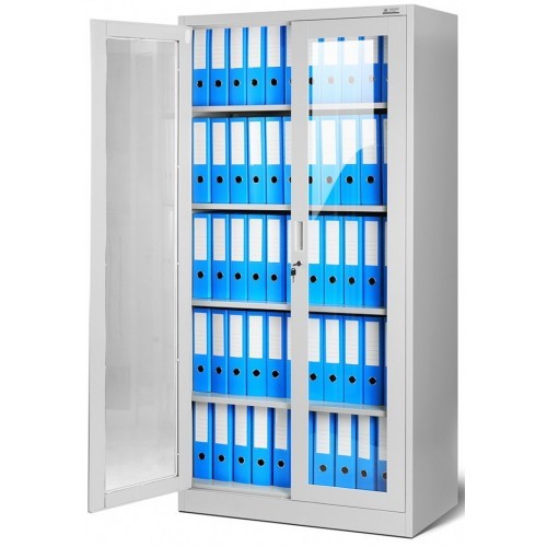 JAN NOWAK - Kovová policová skříň se zámkem prosklená  AMELIE - šedá - rozměr 185x90 cm 