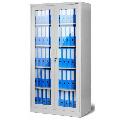 JAN NOWAK - Kovová policová skříň se zámkem prosklená  AMELIE - šedá - rozměr 185x90 cm 