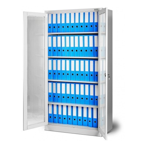 JAN NOWAK - Kovová policová skříň se zámkem prosklená  AMELIE - šedá - rozměr 185x90 cm 