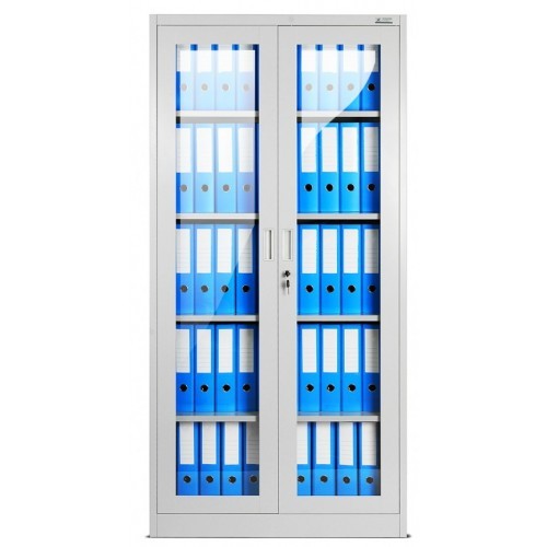 JAN NOWAK - Kovová policová skříň se zámkem prosklená  AMELIE - šedá - rozměr 185x90 cm 