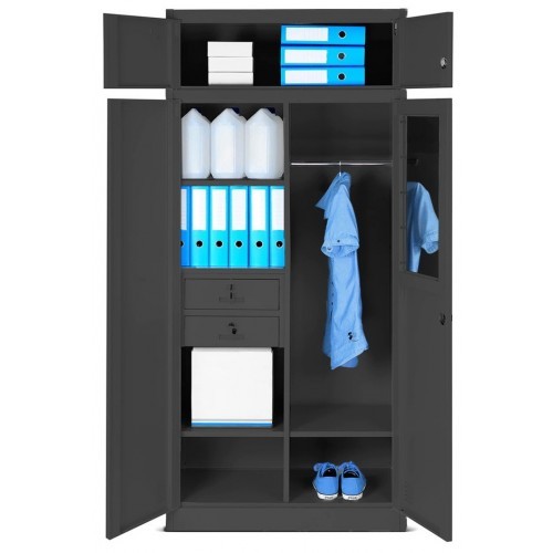 JAN NOWAK - Kovová šatní skříň BORS s policemi a zásuvkami - antracit -  rozměr 185x90 cm 