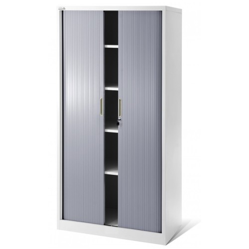 JAN NOWAK - Kovová policová skříň se zámkem  a posuvnými dveřmi MIA  - bílá/šedá  - rozměr 185x90 cm 