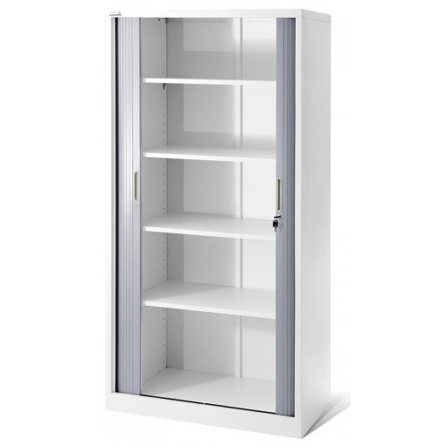 JAN NOWAK - Kovová policová skříň se zámkem  a posuvnými dveřmi MIA  - bílá/šedá  - rozměr 185x90 cm 