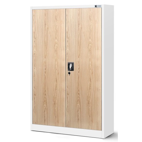 JAN NOWAK - Kovová policová skříň EVA se zámkem - bílá/dub sonoma - rozměr 140x90 cm 