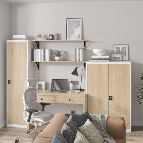 JAN NOWAK - Kovová policová skříň EVA se zámkem - bílá/dub sonoma - rozměr 140x90 cm 