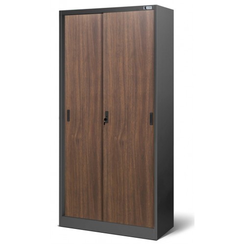 JAN NOWAK - Kovová policová skříň se zámkem  a posuvnými dveřmi BUKA  - antracit/ořech  - rozměr 185x90 cm 