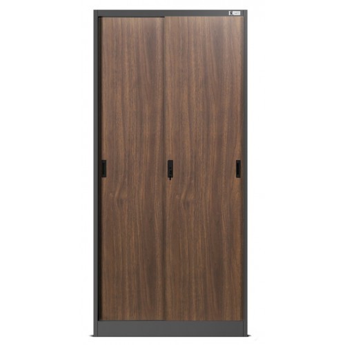 JAN NOWAK - Kovová policová skříň se zámkem  a posuvnými dveřmi BUKA  - antracit/ořech  - rozměr 185x90 cm 