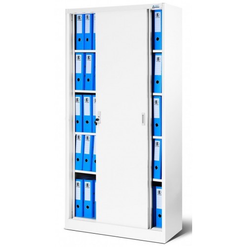 JAN NOWAK - Kovová policová skříň se zámkem  a posuvnými dveřmi BUKA  - bílá  - rozměr 185x90 cm 