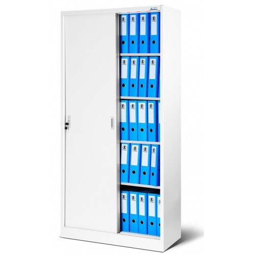 JAN NOWAK - Kovová policová skříň se zámkem  a posuvnými dveřmi BUKA  - bílá  - rozměr 185x90 cm 