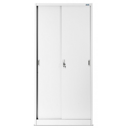 JAN NOWAK - Kovová policová skříň se zámkem  a posuvnými dveřmi BUKA  - bílá  - rozměr 185x90 cm 