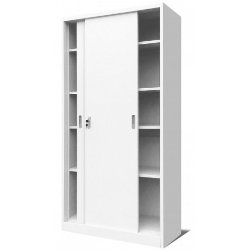 JAN NOWAK - Kovová policová skříň se zámkem  a posuvnými dveřmi BUKA  - bílá  - rozměr 185x90 cm 