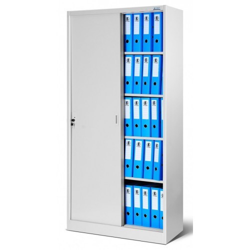 JAN NOWAK - Kovová policová skříň se zámkem  a posuvnými dveřmi BUKA  - šedá - rozměr 185x90 cm 