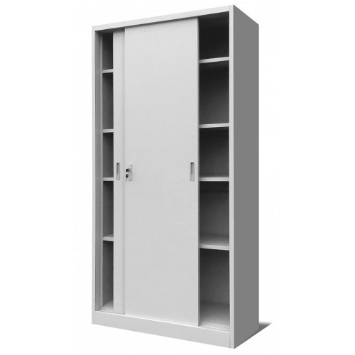 JAN NOWAK - Kovová policová skříň se zámkem  a posuvnými dveřmi BUKA  - šedá - rozměr 185x90 cm 