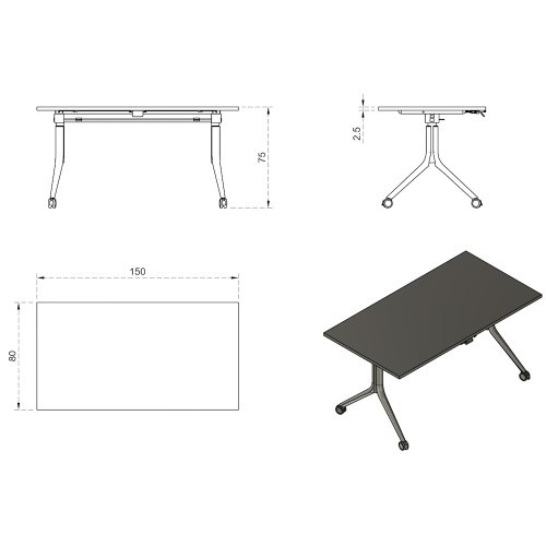 Mobilní skládací kancelářský stůl CARL - podnož černá - rozměr 150x80 cm 