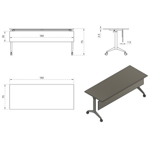 Mobilní skládací kancelářský stůl YUMI S s ekranem - podnož černá - rozměr 180x70 cm 