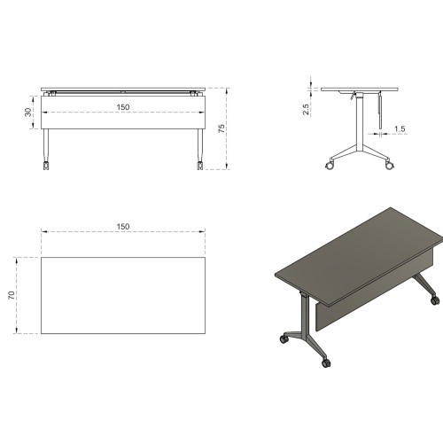 Mobilní skládací kancelářský stůl YUMI S s ekranem - podnož černá - rozměr 150x70 cm 